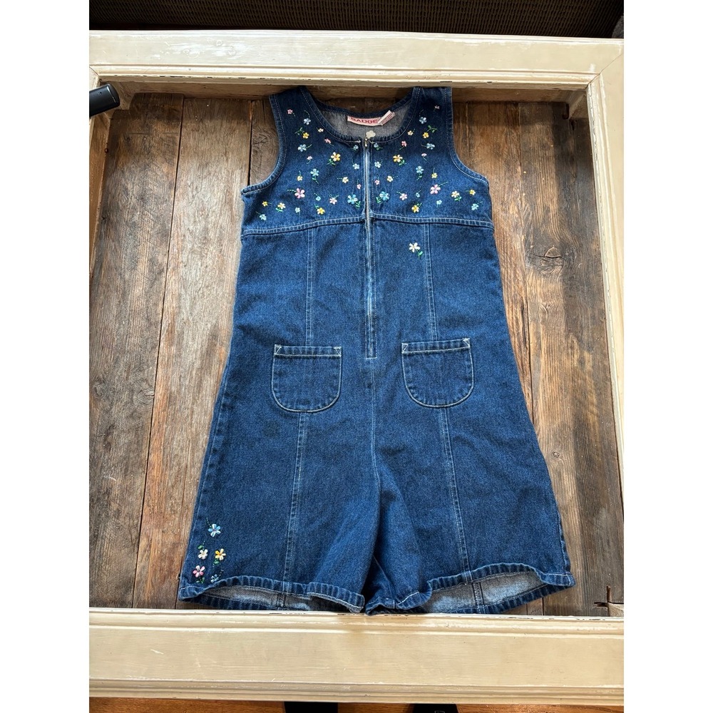 Badge Vintage Denim Romper Embroidered Flowers‎ Blue Girls Size L 14